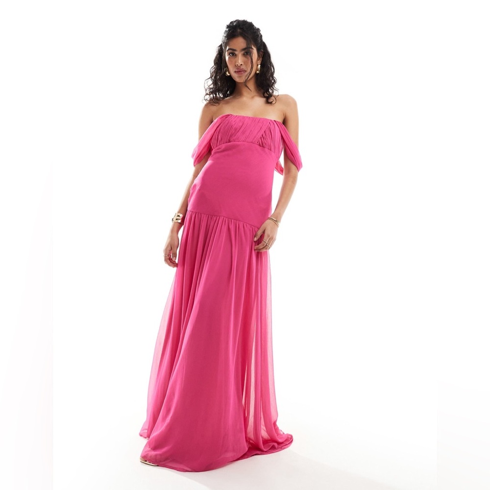 ASOS DESIGN drape off shoulder dropped waist maxi dress in fuchsia pink